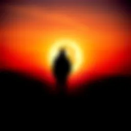 A silhouette of a person walking away from a glowing Bitcoin symbol against a sunset, symbolizing freedom and anonymity.