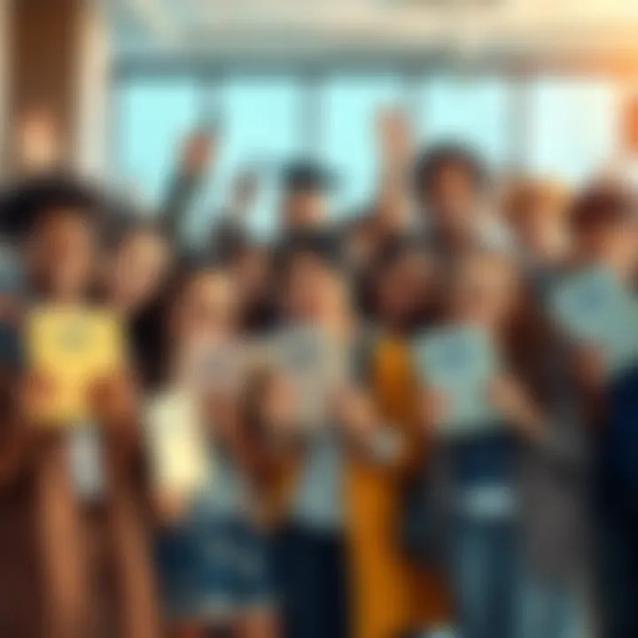A diverse group of students celebrating the announcement of SATs being for sale, holding test booklets and smiling.