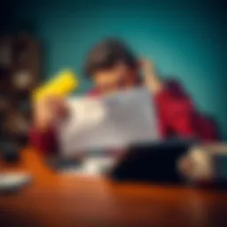 A worried person looks at a savings account statement on a table with a calculator and a cup of coffee nearby.