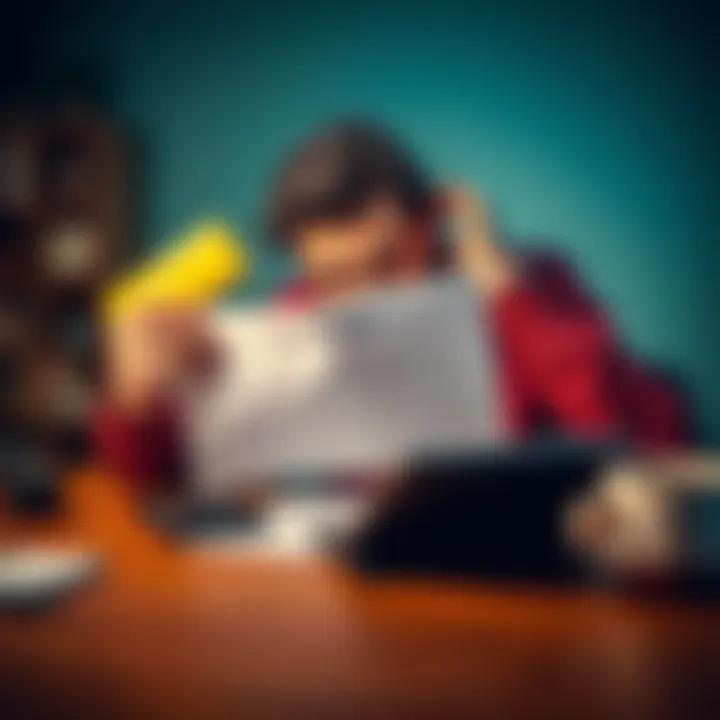 A worried person looks at a savings account statement on a table with a calculator and a cup of coffee nearby.