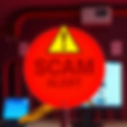 A bright red scam alert sign with a warning symbol, surrounded by caution tape and a computer screen showing phishing emails.