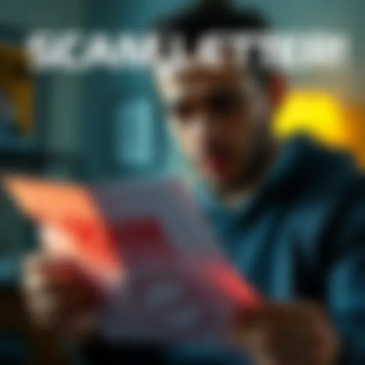 A person looking concerned while reading a suspicious letter marked as a scam.