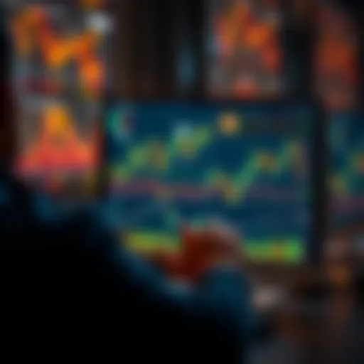 A person looking at a computer screen displaying various cryptocurrency graphs and charts, symbolizing investment research