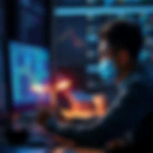 A concerned individual looking at a computer screen with blockchain data, seeking tools to track down a scammer