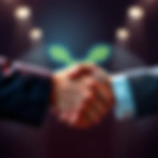 A handshake symbolizing the settlement between SEC and Ripple Labs, with XRP logo in the background