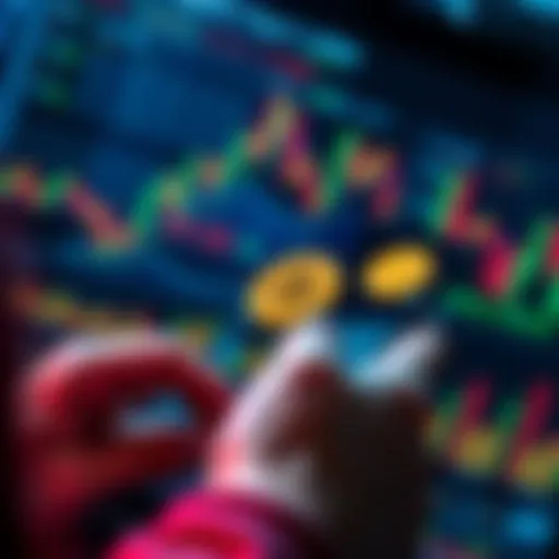 A person using a smartphone app to transfer Bitcoin securely, with investment charts in the background.