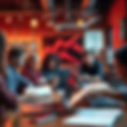 A group of experienced community members sharing insights around a table with laptops and notes