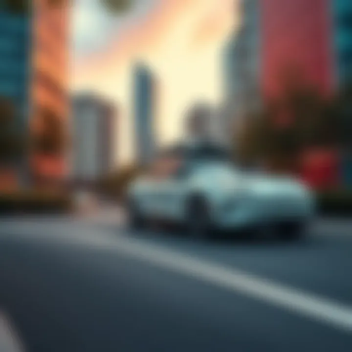 A self-driving car navigating through a modern city with buildings and trees in the background