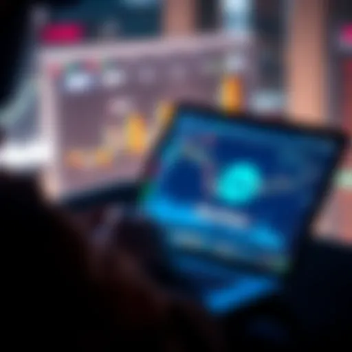 A person analyzing cryptocurrency charts on a laptop with Bitcoin visuals and a BlueWallet logo on the screen.