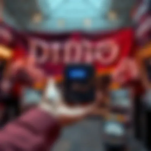 A person holding a miner device with a community banner in the background
