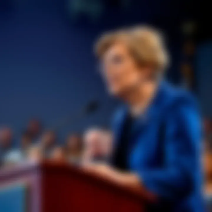 Senator Elizabeth Warren addresses an audience about her stance on XRP, with concerned Massachusetts residents in the background