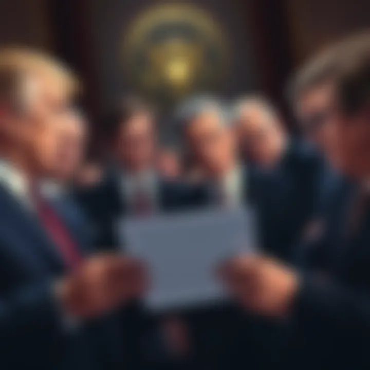 A group of senators discussing a document related to a pardon, showing expressions of concern and disagreement