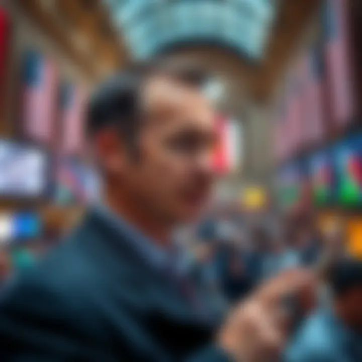 Sergey discussing market trends in front of a bustling New York Stock Exchange crowd.