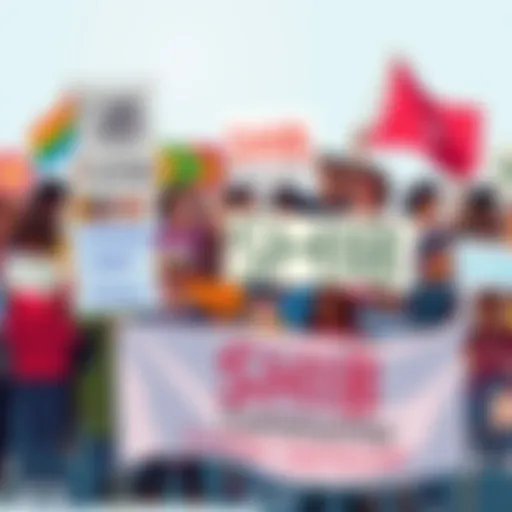 A diverse group of people holding SHIB-themed signs and banners, showing unity and positivity