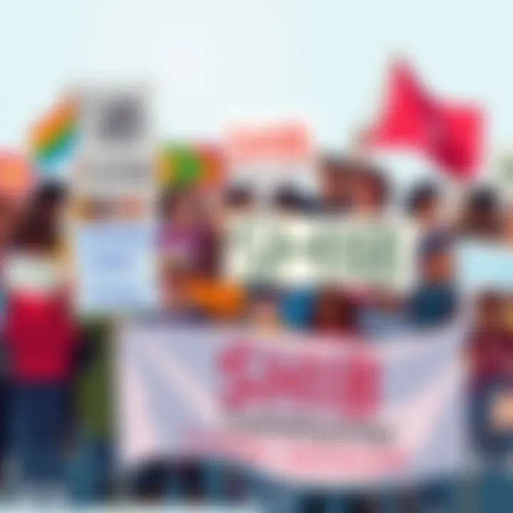A diverse group of people holding SHIB-themed signs and banners, showing unity and positivity