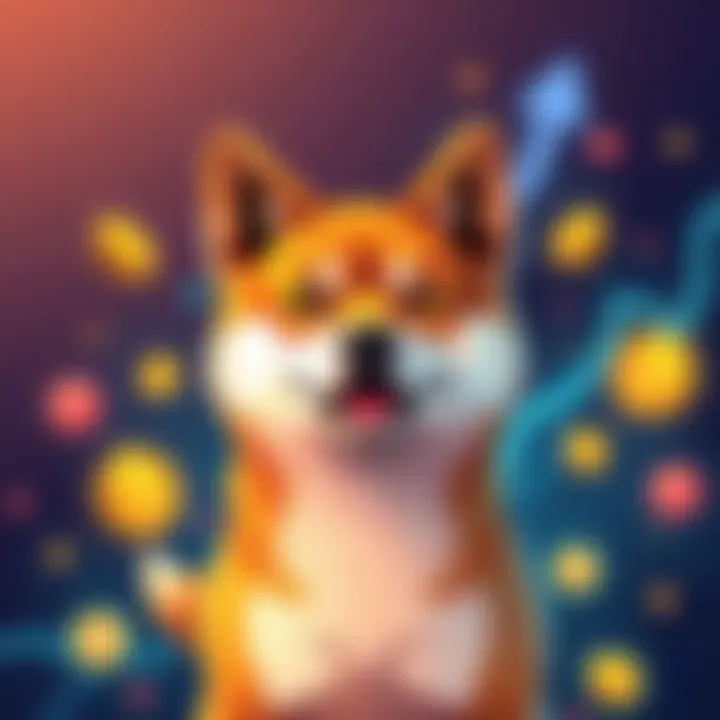 A digital illustration of a Shiba Inu dog with cryptocurrency symbols around, indicating a price rise.