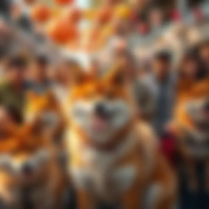Shiba Inu Celebration A group of Shiba Inu dogs with their owners enjoying a community event, surrounded by decorations and happy people.