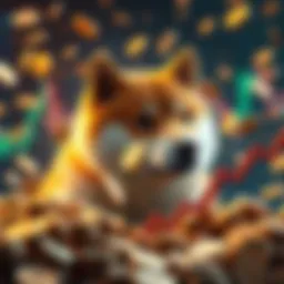 A Shiba Inu dog representing the cryptocurrency market shows a downward trend with falling coins around it.