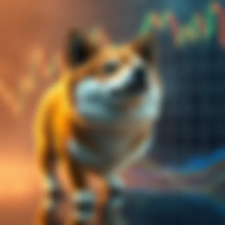 A graphic showing the Shiba Inu dog symbol with a fluctuating price chart in the background, representing its price stagnation in the crypto market.