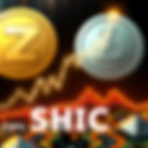 Graph showing 116% rise in SHIC value with a background of Dogecoin and Litecoin logos, illustrating merged mining concept