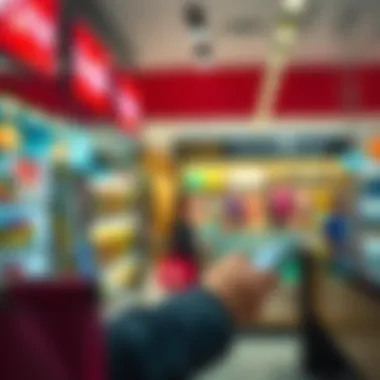 A person making a purchase with cryptocurrency on a mobile device in a modern online shop setting.