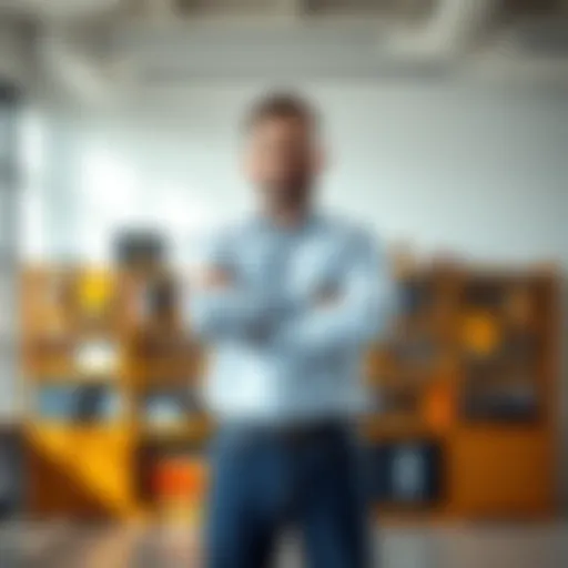 A person standing proudly with arms crossed in a bright office, showcasing awards on a shelf behind them, symbolizing achievements without words.