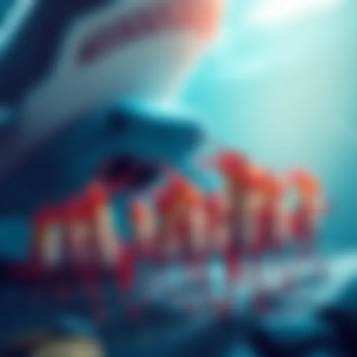 A group of cartoon shrimps standing firm, resisting giant shark figures looming over them, symbolizing financial struggle and determination to hold on to their assets.