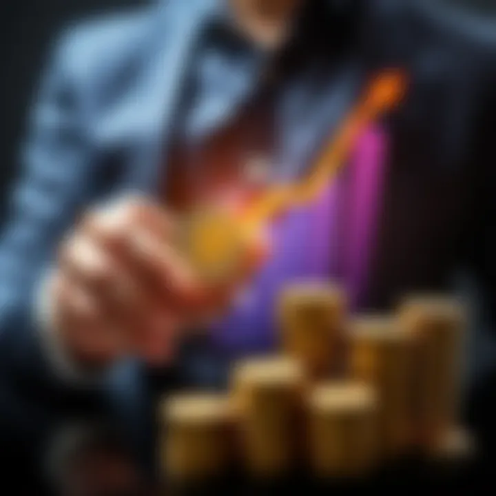 A person holding Sib tokens with a graph showing an upward trend in value and stacks of coins representing investment growth.