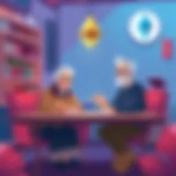 A friendly grandparents couple sitting at a table, discussing Ethereum using easy analogies like a library and a post office, with visual metaphors around them.