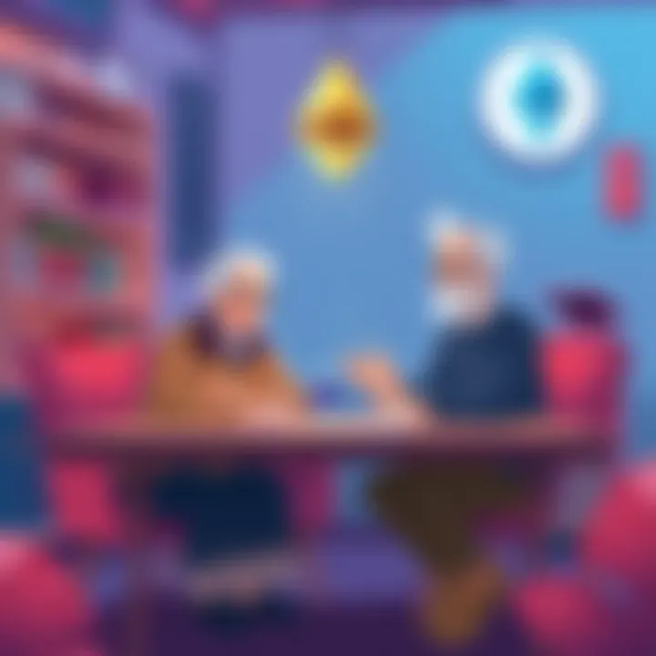 A friendly grandparents couple sitting at a table, discussing Ethereum using easy analogies like a library and a post office, with visual metaphors around them.