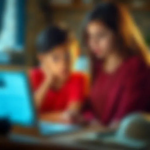 A concerned sibling looks at a laptop displaying investment opportunity messages, showing signs of suspicion and worry about potential MLM scheme involvement.