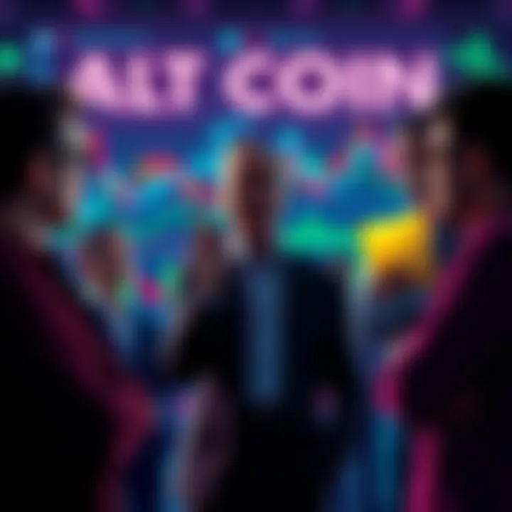 A group of people debating the potential of alt coin season against a backdrop of cryptocurrency charts and economic reports.