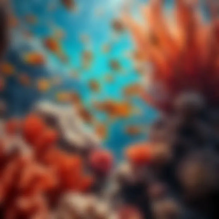 A school of small fish swimming among larger fish in a vibrant coral reef environment.