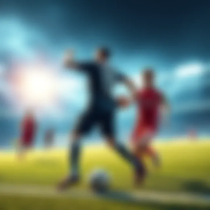 A soccer field with players from two teams competing, focusing on a key match moment.