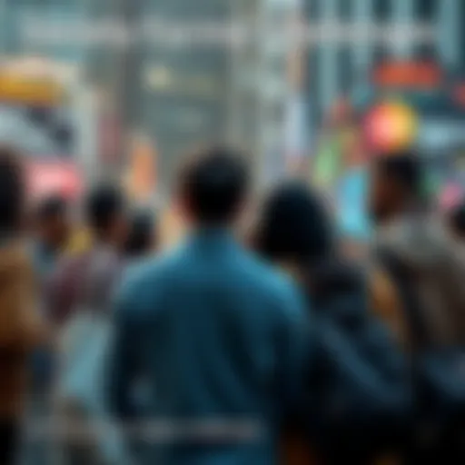 A group of diverse people discussing global issues and seeking solutions together in an urban setting.