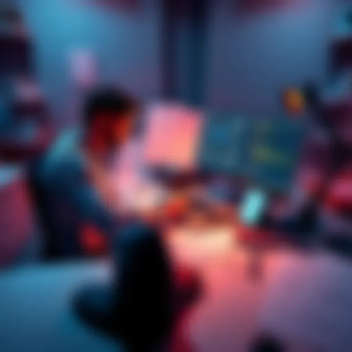 A developer sitting at a desk with a laptop, coding on Solana projects using the Anchor framework, surrounded by notes and diagrams.
