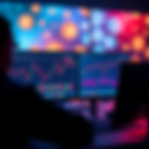 A trader analyzing charts and graphs on a computer screen with Solana cryptocurrency icons in the background