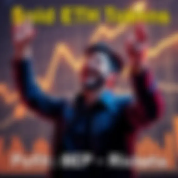 A person celebrating after selling ETH tokens for a profit, with a graph showing rising profits in the background.