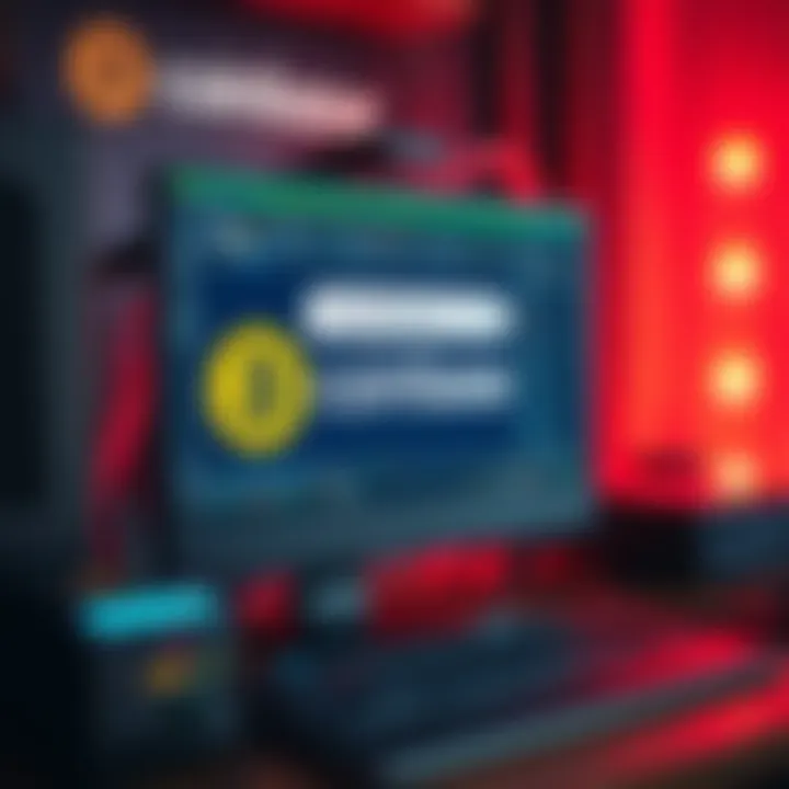 A computer setup displaying a Bitcoin mining interface with a Coinbase wallet address on the screen