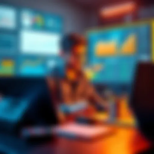 A developer coding on a laptop surrounded by DeFi tools and charts, showing innovation in finance.
