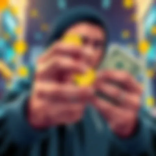 Illustration of a person holding gold coins and cash, symbolizing sound money savings.