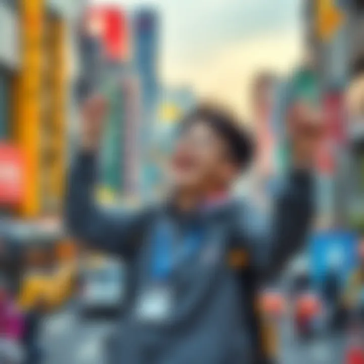 A person joyfully celebrating their achievements in South Korea with badges and a trophy in hand, surrounded by vibrant city scenery.
