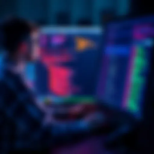 A developer working on a computer, analyzing JavaScript code with large transaction datasets on the screen, focused on improving gRPC processing speed.