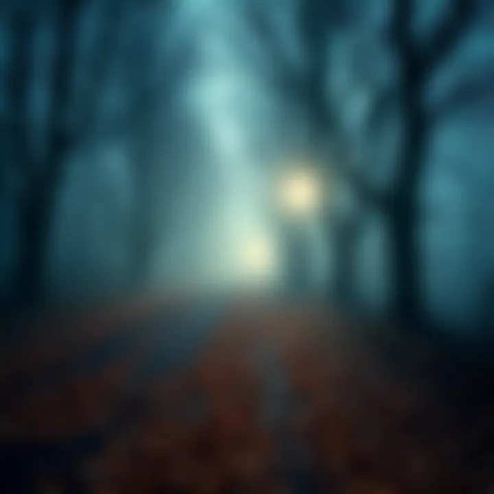 A dark, eerie path with autumn leaves and fog, inviting people to share their scariest walk stories.