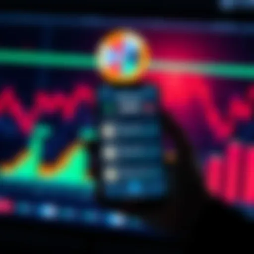A person holding a smartphone displaying stable coin options with investment charts and graphs in the background