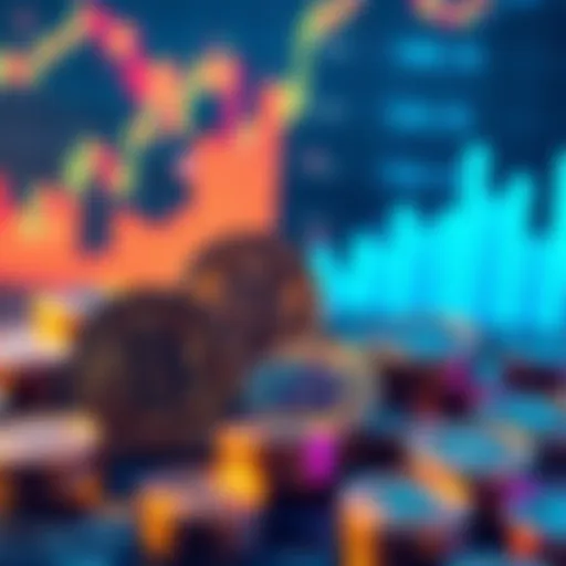 A visualization showing stablecoins linked to fiscal debt, featuring coins with currency symbols and a backdrop of financial charts and graphs.