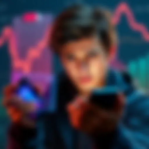A person looking frustrated while checking low staking rewards on a smartphone, with a decline graph in the background.