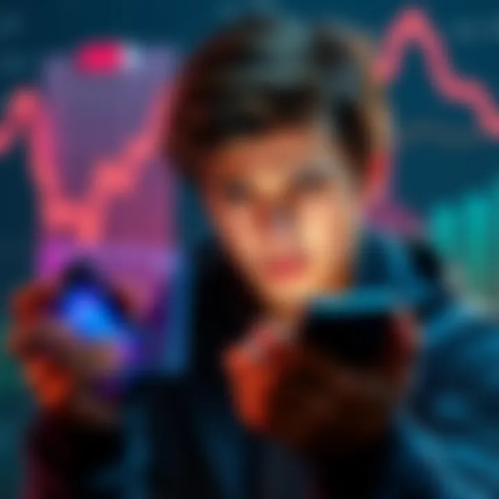 A person looking frustrated while checking low staking rewards on a smartphone, with a decline graph in the background.