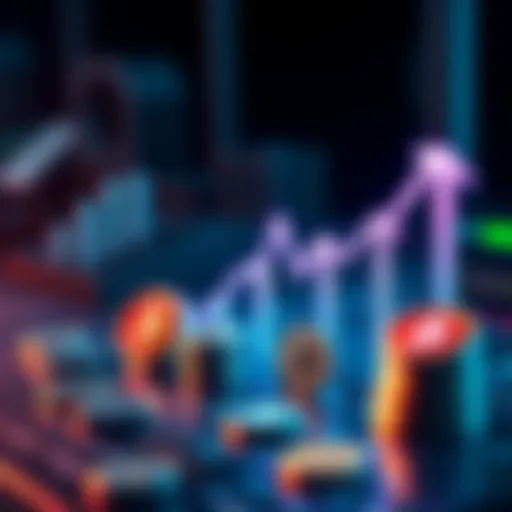 A graphic showing different cryptocurrencies with arrows indicating growth and rewards from staking.
