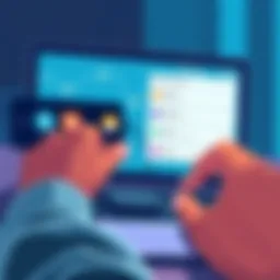 An illustration showing a person using a Ledger device to stake cryptocurrency on a laptop screen, with icons representing delegation options.